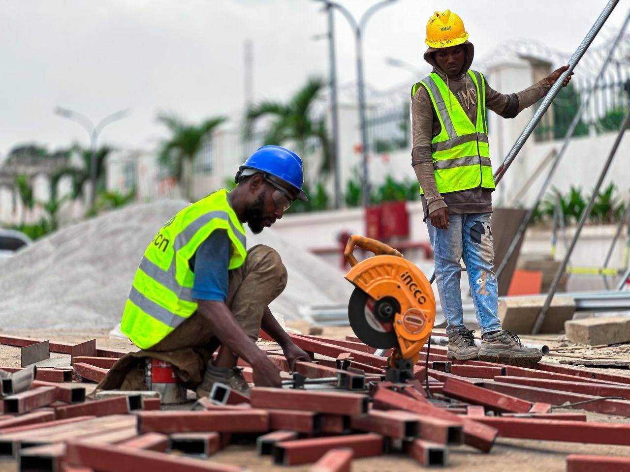 Engineers cutting and fabricating steel on a construction site